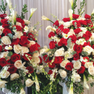 RED AND WHITE ROSE DOUBLE ELEGANT BASKETS