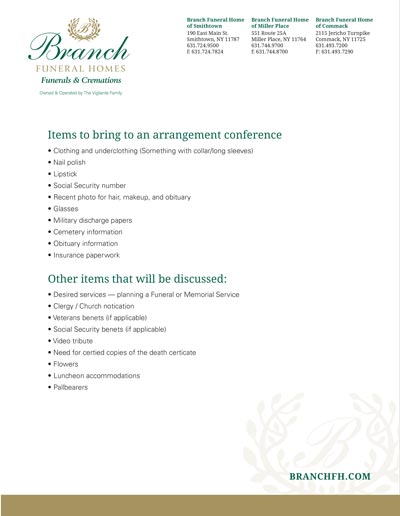 Items to Bring to Arrangement